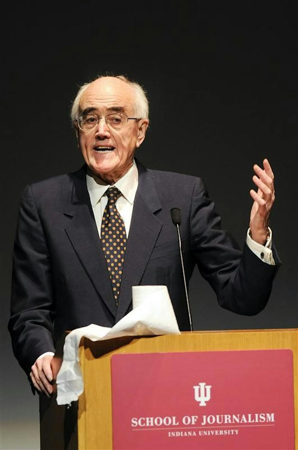 Television host and author James Burke speaks to a large audience during a lecture Monday at the Buskirk-Chumley Theater. Burke's visit, entitled "The Future of the Future," was the first of three lectures this semester in the IU School of Journalism Speaker Series.