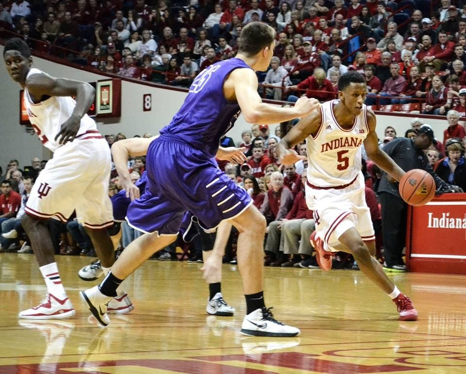 Sophomore forward Troy Williams dribbles the ball during Saturday's game against Grand Canyon University at Assembly Hall.
