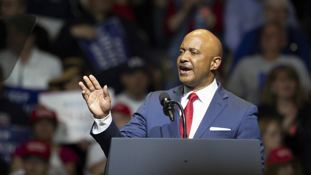 Indiana Attorney General Curtis Hill talks to the crowd during a Donald Trump rally May 10, 2018, in Elkhart, Indiana. Hill’s law license was suspended in 2020 due to allegations he groped four women at a party. 