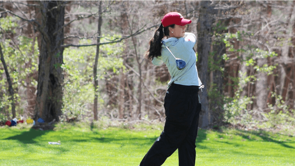 Then-senior, now IU alumna Ana Sanjuan tees off during the first round of the April 2017 IU Invitational at IU Golf Course. IU will travel Feb. 23-24 to Peoria, Arizona, for the Westbrook Invitational.