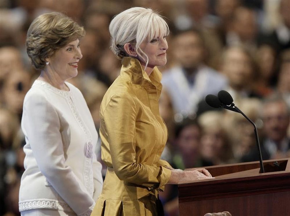 Cindy McCain, right, wife of presumptive Republican Presidential candidate Sen. John McCain, R-Ariz, is seen with First lady Laura Bush at the Republican National Convention on Monday in St. Paul, Minn.
