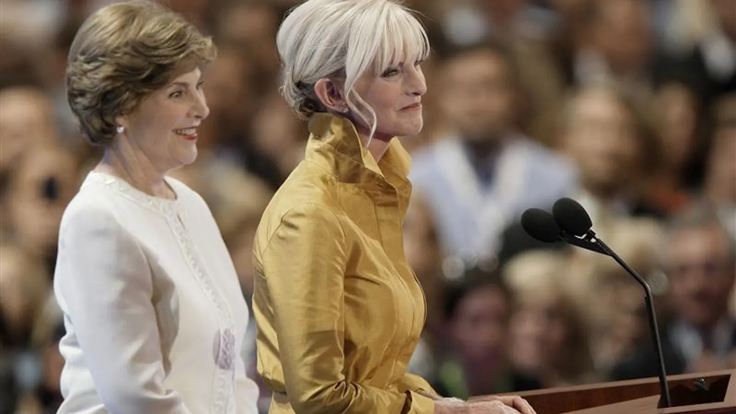 Cindy McCain, right, wife of presumptive Republican Presidential candidate Sen. John McCain, R-Ariz, is seen with First lady Laura Bush at the Republican National Convention on Monday in St. Paul, Minn.