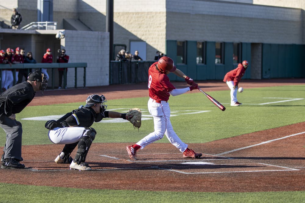 <p>Freshman catcher Brock Tibbitts swings at a pitch against Purdue Fort Wayne on March 9, 2022, at Bart Kaufman Field. Indiana will play at 3 p.m. Friday in Troy, Alabama.</p>