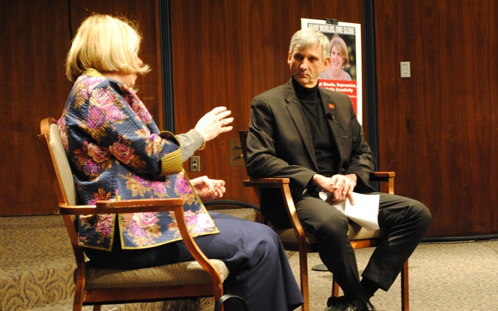 Andrea Ciccarelli, dean of the Hutton Honors College, talks with Kay Redfield Jamison, professor of psychiatry at the Johns Hopkins University School of Medicine, about her work on mood disorder and artistic creativity as part of the "Many Wolrds, One Globe" event Thursday afternoon&nbsp;in the Whittenberger Auditorium.&nbsp;