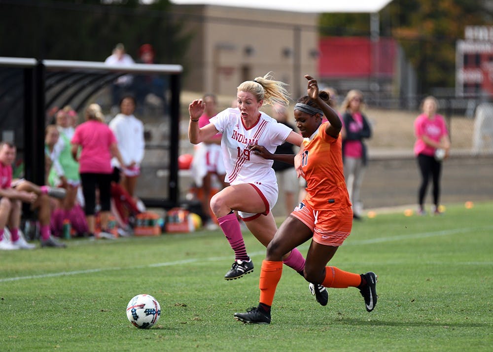 <p>Sophomore midfielder Chandra Davidson chases down the ball against Illinois on Oct. 1 at Bill Armstrong Stadium. Davidson recorded six goals and two assists for IU women's soccer this season.</p>