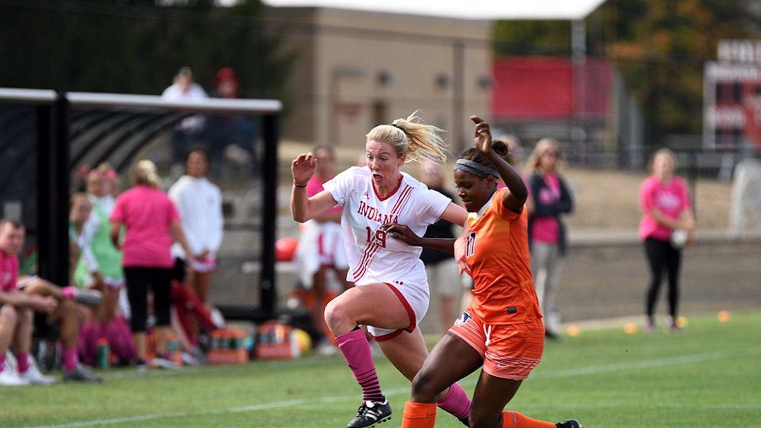 Sophomore midfielder Chandra Davidson chases down the ball against Illinois on Oct. 1 at Bill Armstrong Stadium. Davidson recorded six goals and two assists for IU women's soccer this season.