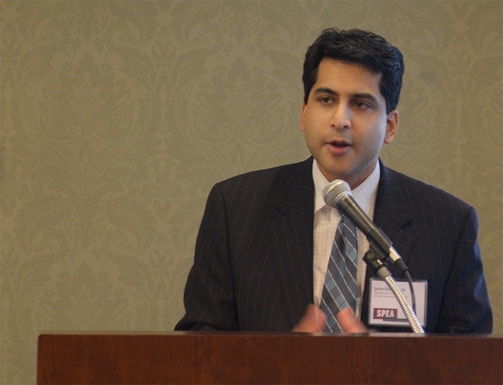 Executive director of the Hoosier Environmental Council Jesse Kharbanda speaks during a panel on "Who is responsible for sustainability?" at IMU on Thursday afternoon. 