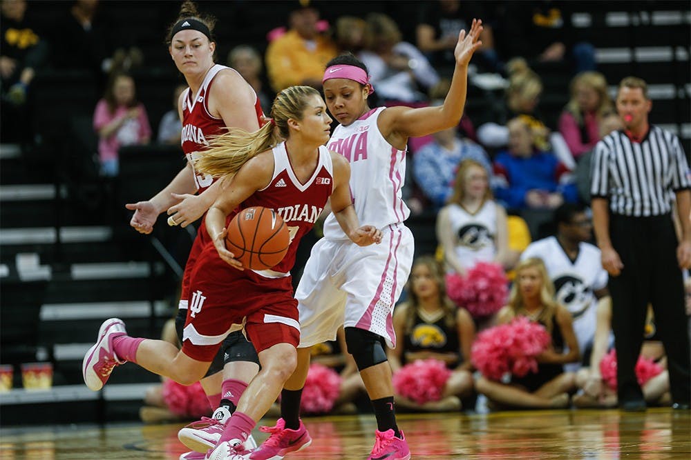 Sophomore guard Tyra Buss attempts to drive against Iowa's Tania Davis. IU lost, 76-73. (Anthony Vazquez/The Daily Iowan).