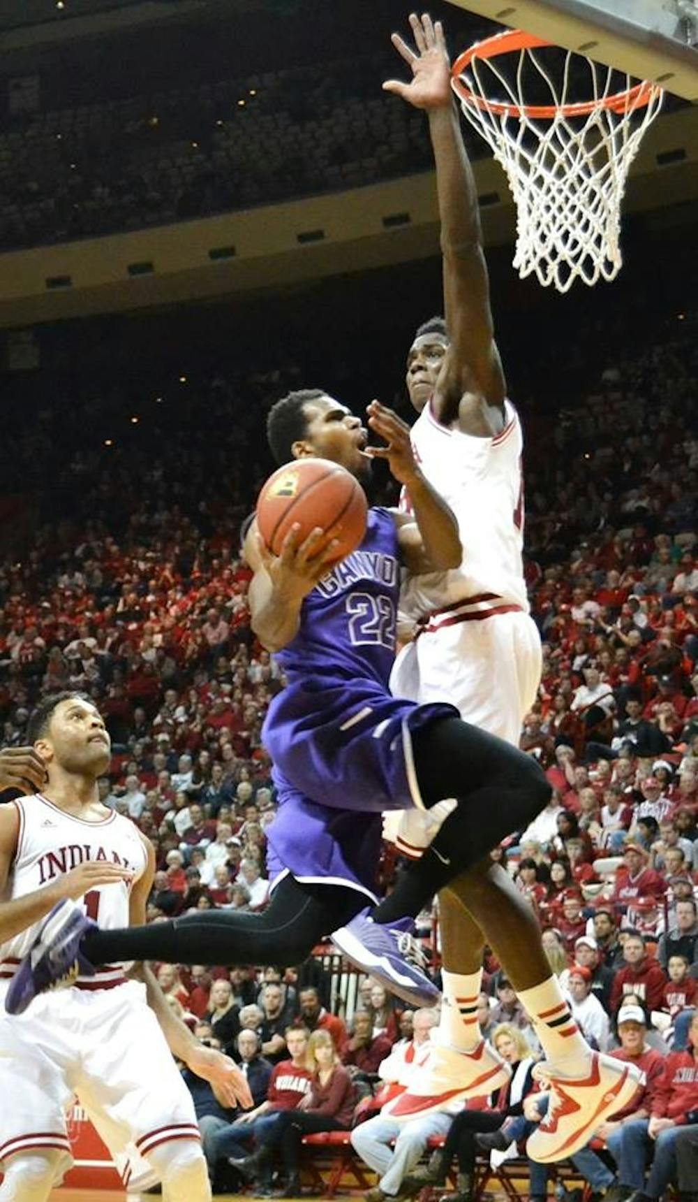 Junior forward Hanner Mosquera-Perea blocks a shot during Saturday's game against Grand Canyon University at Assembly Hall.