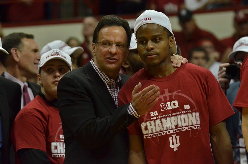 IU Coach Tom Crean pats senior guard Yogi Ferrell on the chest after IU's win 80-62 win against Maryland on March 6. Crean spoke at the&nbsp;The Boys & Girls Clubs of Bloomington Thursday for&nbsp;the annual Man Up to Make a Difference fundraising event.