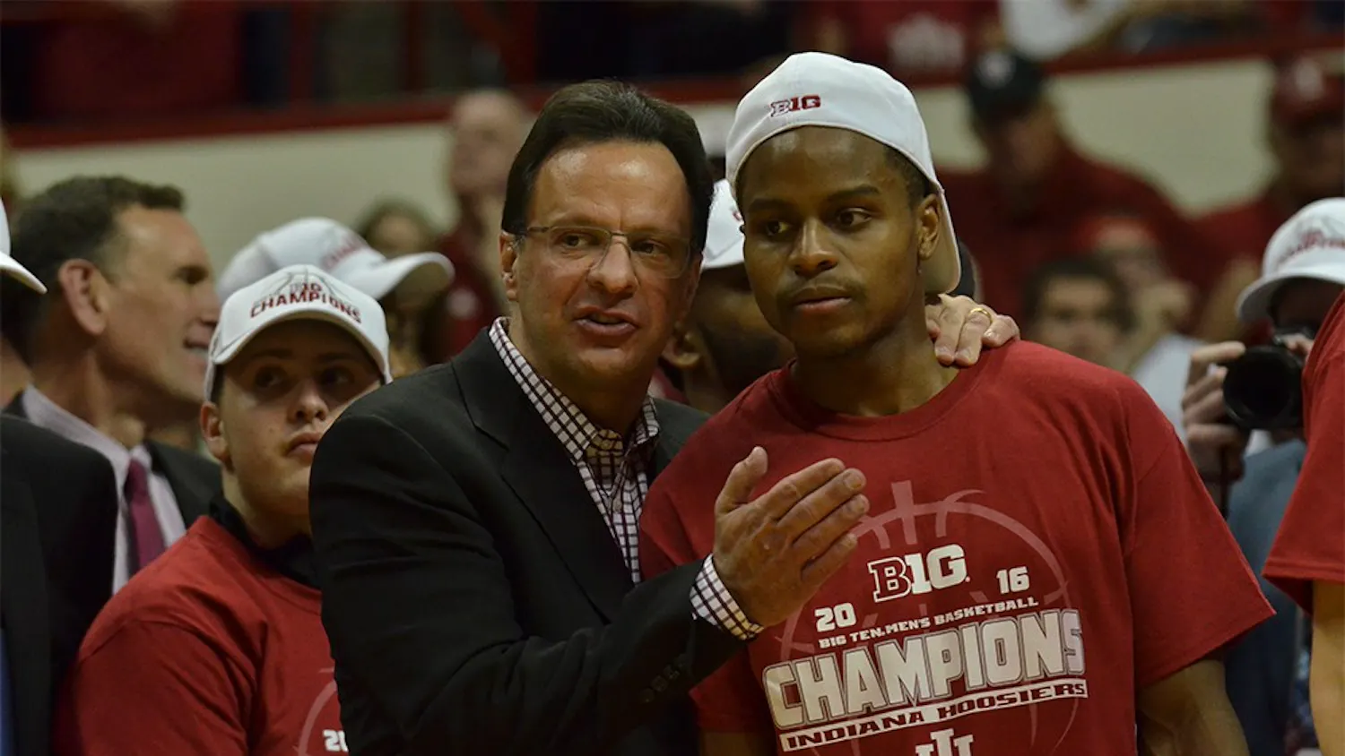 IU Coach Tom Crean pats senior guard Yogi Ferrell on the chest after IU's win 80-62 win against Maryland on March 6. Crean spoke at the The Boys & Girls Clubs of Bloomington Thursday for the annual Man Up to Make a Difference fundraising event.
