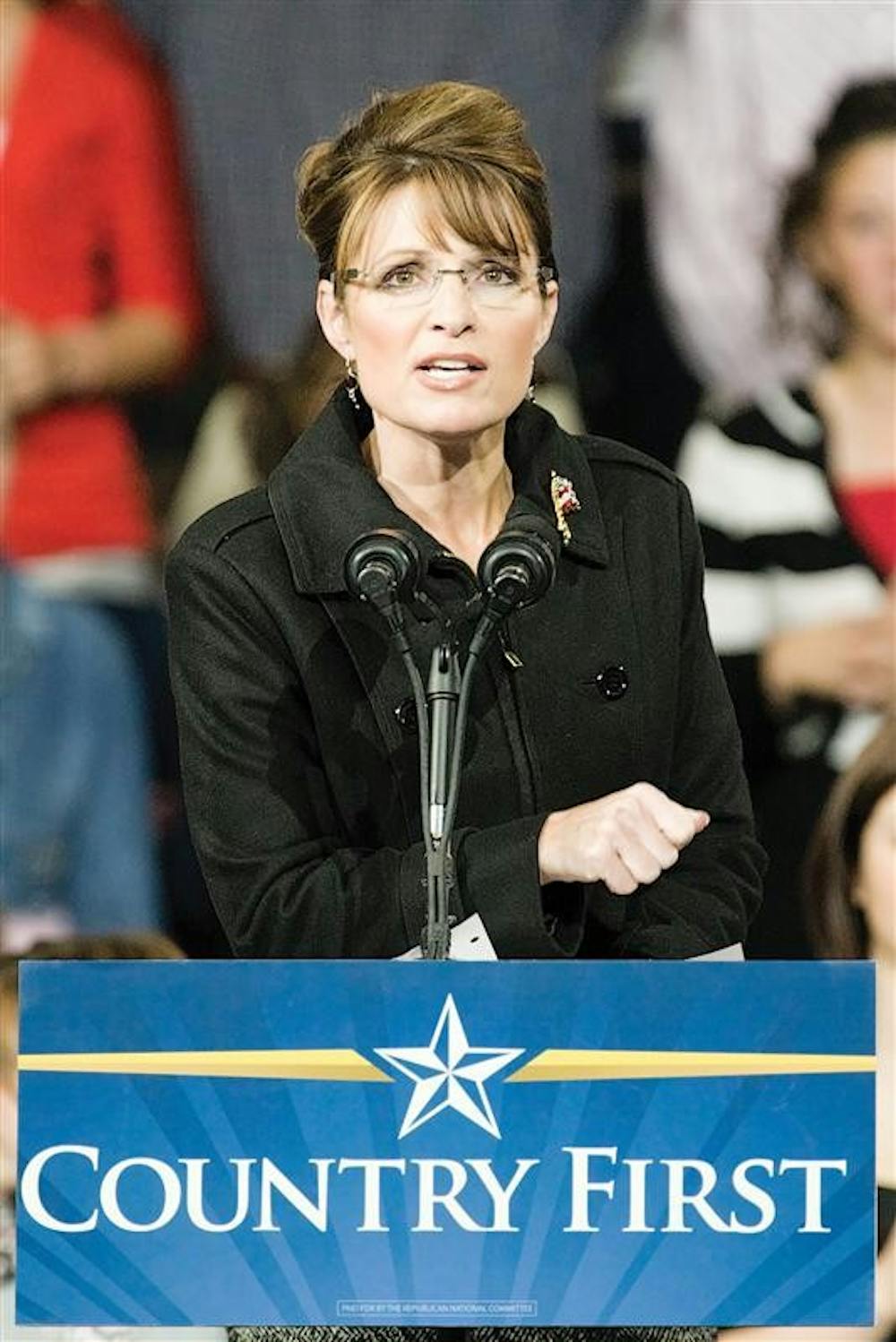 Republican vice presidential candidate and Alaska governor Sarah Palin speaks to supporters during a campaign stop Saturday evening in Fort Wayne, Ind.