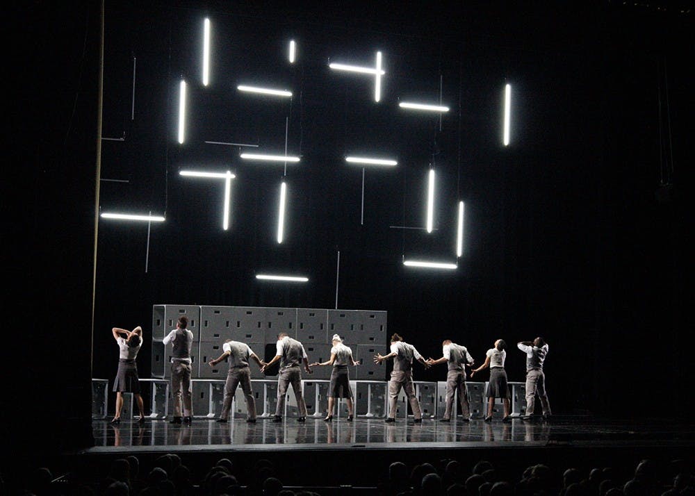 The cast of Diavolo performs "Cubicle," the first of a two-part piece entitled "L.O.S.T." ("Losing One's Self Temporarily") on Tuesday at the IU Auditorium. Diavolo is an acrobatic dance group that placed in the top 10 of season 12 of "America's Got Talent".