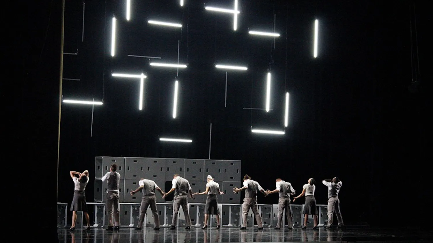 The cast of Diavolo performs "Cubicle," the first of a two-part piece entitled "L.O.S.T." ("Losing One's Self Temporarily") on Tuesday at the IU Auditorium. Diavolo is an acrobatic dance group that placed in the top 10 of season 12 of "America's Got Talent".