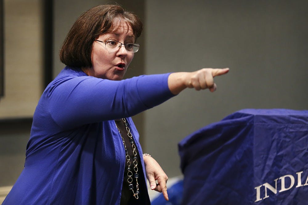 Beth White, candidate for Indiana Secretary of State, speaks at a rally held by the IU College Democrats for Democratic candidates at the Indiana Memorial Union on Tuesday evening. 
