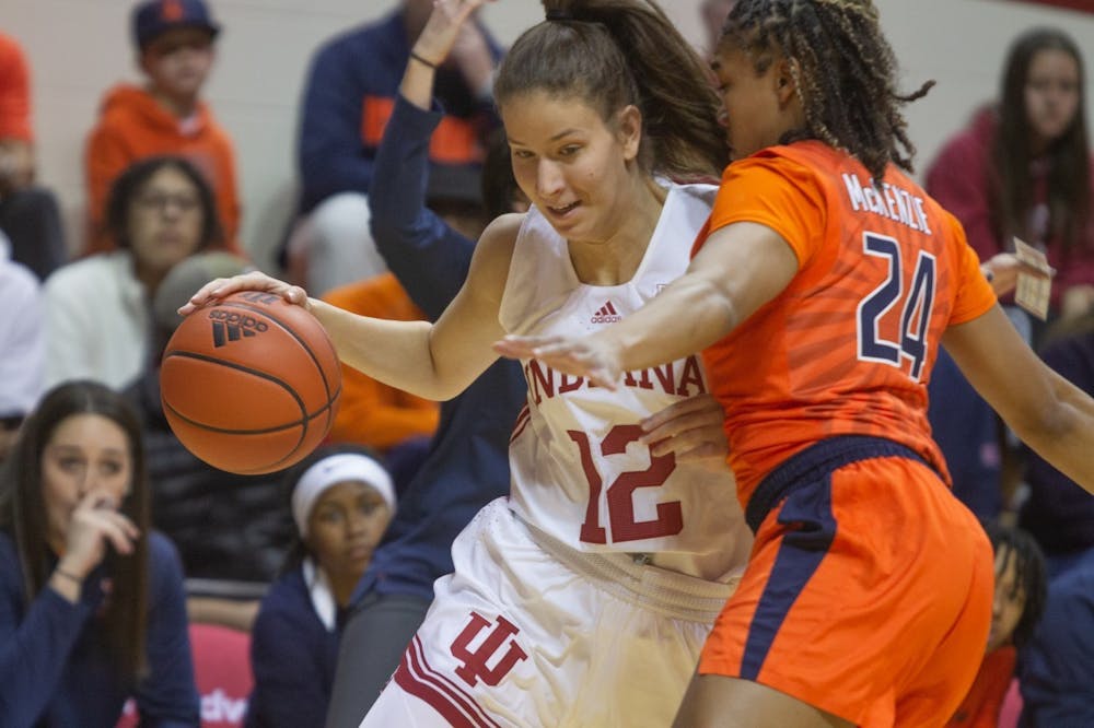 <p>Freshman guard Yarden Garzon is guarded by an Illinois player ﻿Dec. 4, 2022, at Simon Skojdt Assembly Hall. Indiana defeated Penn State 67-58.</p>