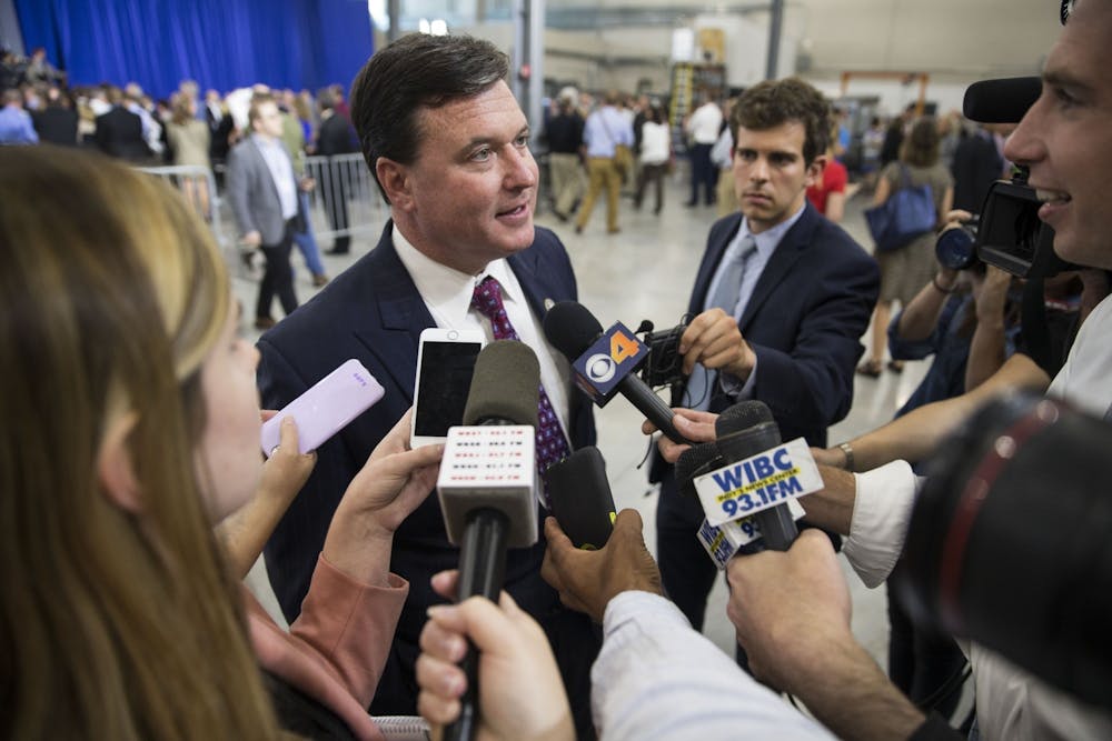<p>Then-U.S. Representative Todd Rokita speaks with the press after hearing then-Vice President Mike Pence speak Sept. 22, 2017, at the Wylam Center of Flagship East in Anderson, Indiana. The Indiana Supreme Court Disciplinary Commission filed a complaint Monday against Indiana Attorney General Todd Rokita, alleging misconduct in the case against IU Health OB-GYN Dr. Caitlin Bernard.<br/><br/></p>