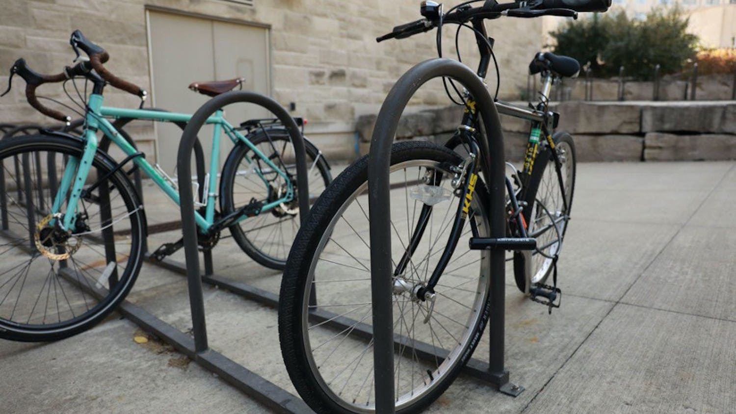 Several bikes are parked outside on IU’s campus.