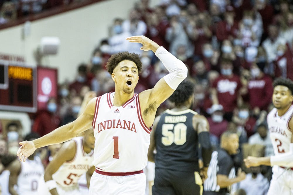 <p>Senior guard Rob Phinisee looks toward the IU student section as he pumps up the crowd during the first half against Purdue on Jan. 20, 2022, at Simon Skjodt Assembly Hall. Phinisee led the team with 20 points off the bench. </p>