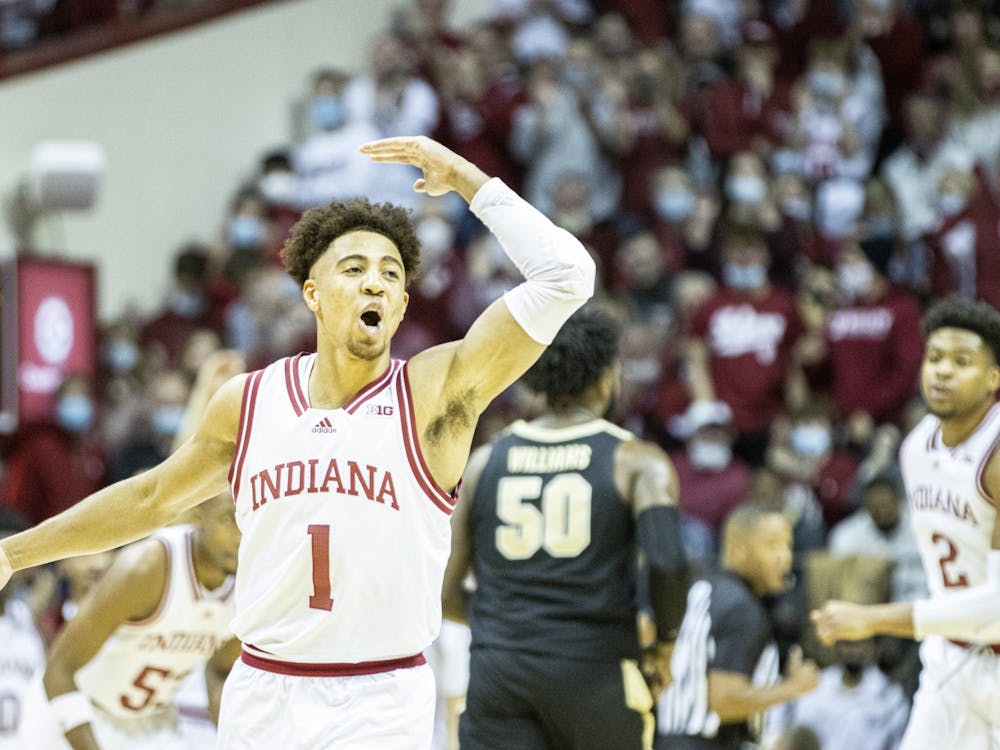Senior guard Rob Phinisee looks toward the IU student section as he pumps up the crowd during the first half against Purdue on Jan. 20, 2022, at Simon Skjodt Assembly Hall. Phinisee led the team with 20 points off the bench. 