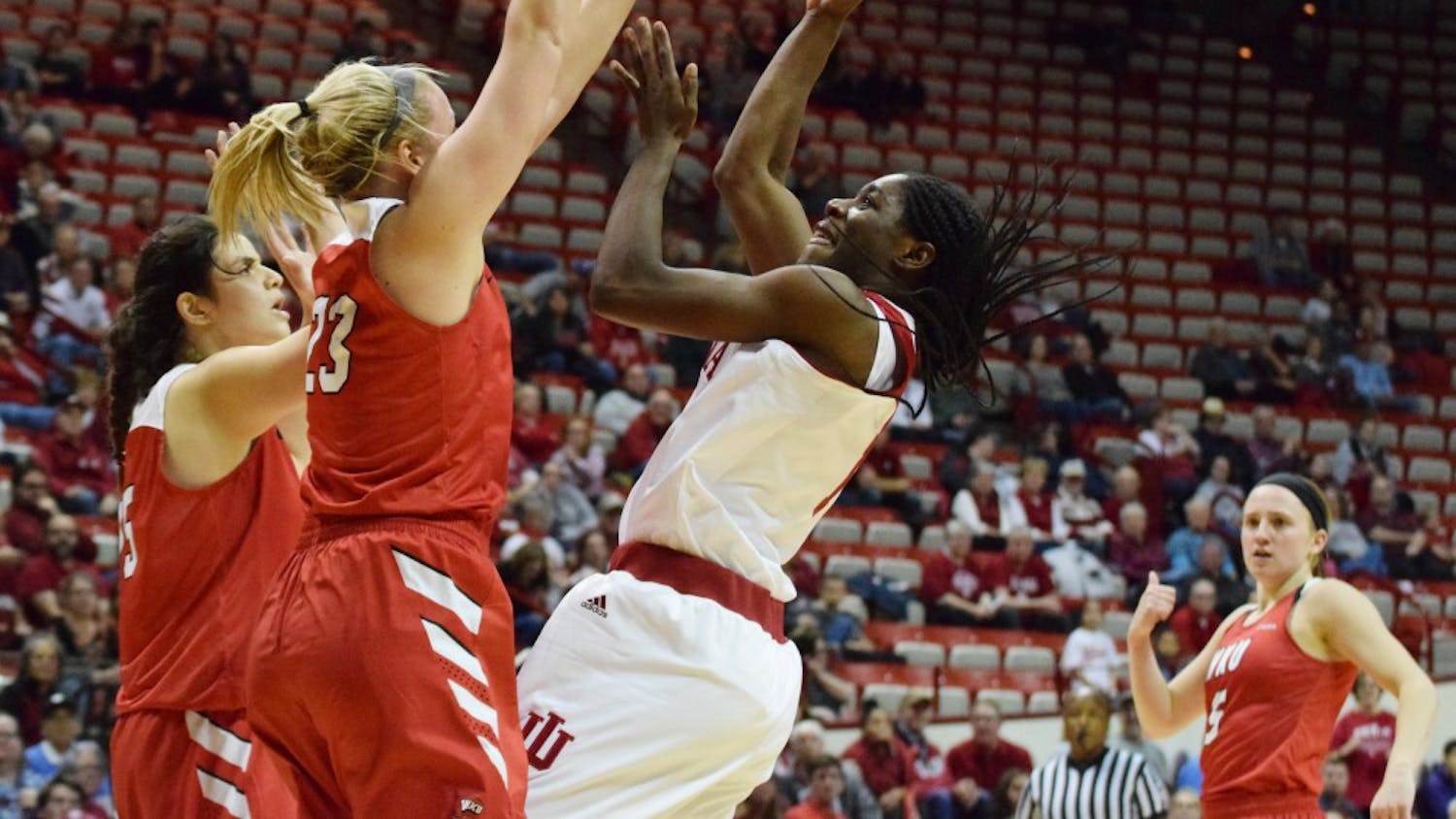 Freshman guard Bendu Yeaney scores against Western Kentucky during Friday's game at Simon Skjodt Assembly Hall. IU won, 73-71.