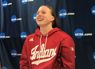 Lilly King talks to the media after winning the 200-yard breaststroke on the final night of the 2019 NCAA Tournament. King is one of six former and current IU swimmers that were selected to the US National team Friday.