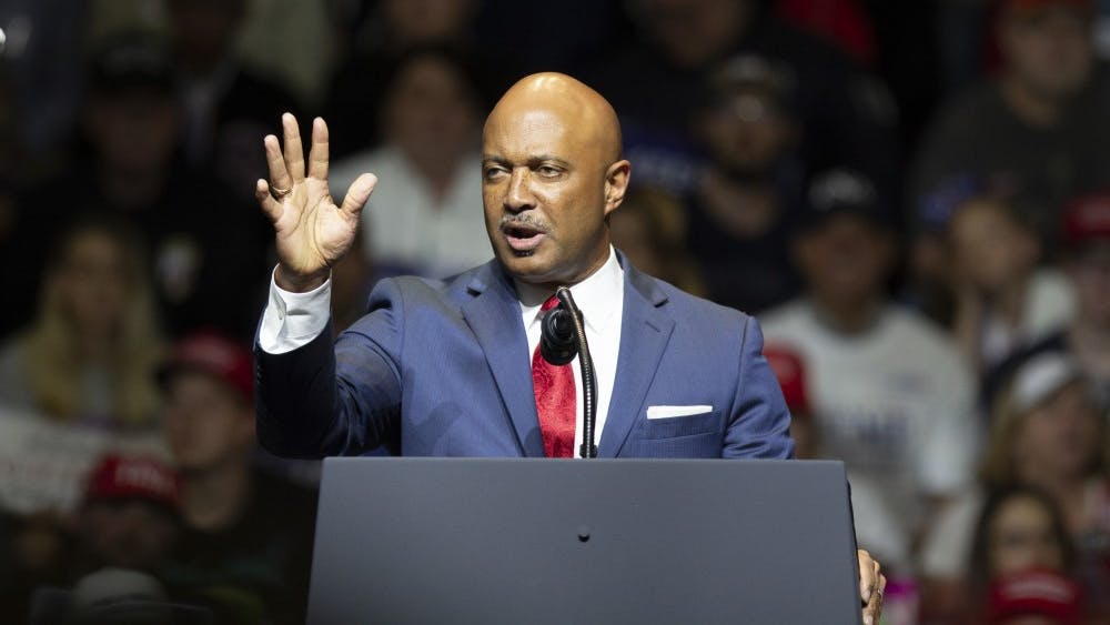 Indiana Attorney General Curtis Hill speaks at the Donald Trump rally May 10, in Elkhart, Indiana. On Monday, Hill was faced with allegations by four different women that he had inappropriately touched them at a party on March 15.