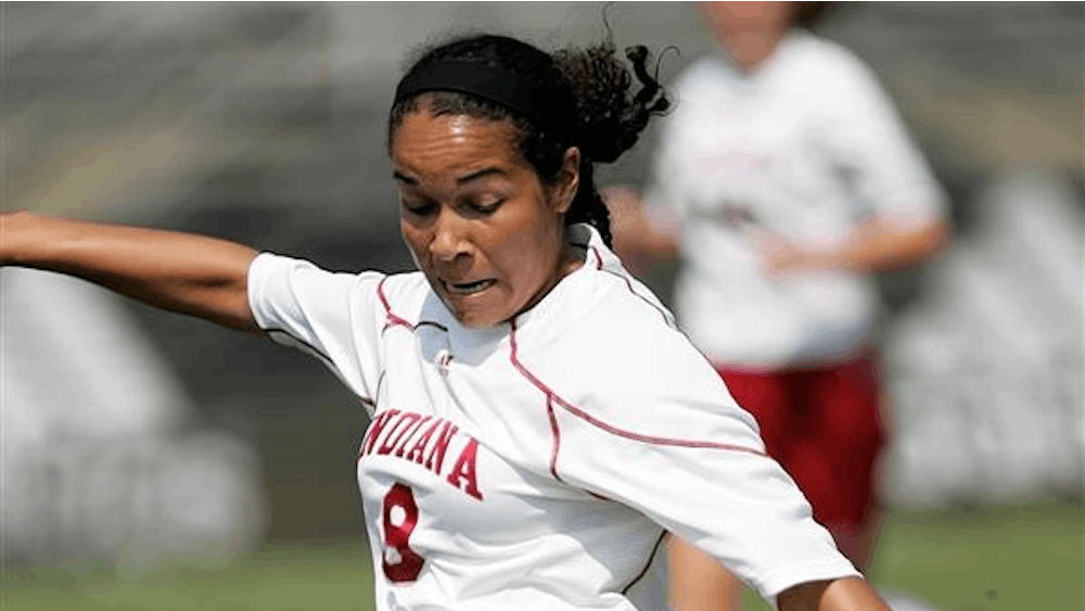 Freshman forward Orianica Velasquez Herrera winds up for a kick during the Hoosiers 2-1 (2OT) win over the Gators on Friday, Sept. 4 at Bill Armstrong Stadium.