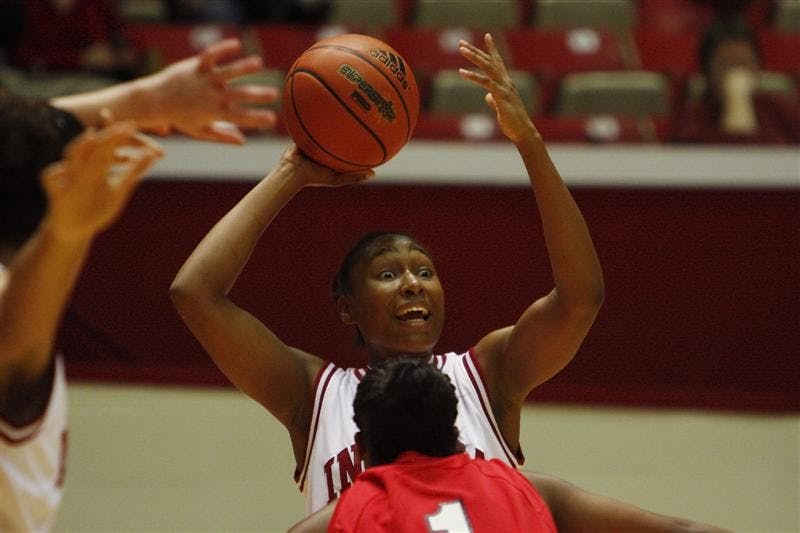 Sophomore guard Jori Davis calls to her teammates during Saturday's scrimmage versus Southern Indiana at Assembly Hall. IU won 93-49.