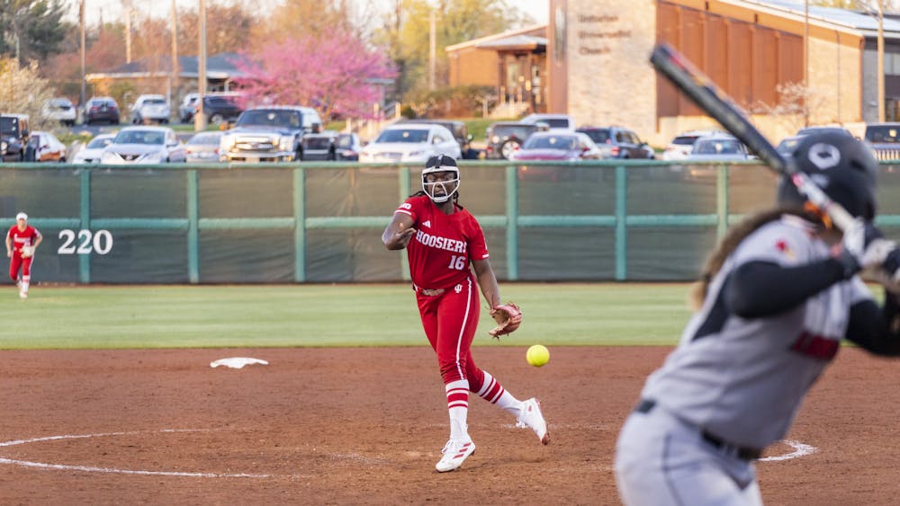 Sophomore Brianna Copeland pitches the ball April 11, 2023, at Andy Mohr Field. Indiana lost to Notre Dame 9-1 on Wednesday.