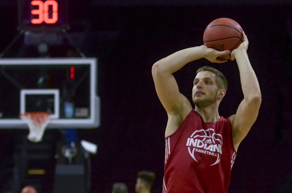 Senior forward Max Bielfeldt shoots durings a practice on Thursday at the Wells Fargo Center. Indiana will play number one seed North Carolina in the Sweet Sixteen round of the NCAA tournament tomorrow.