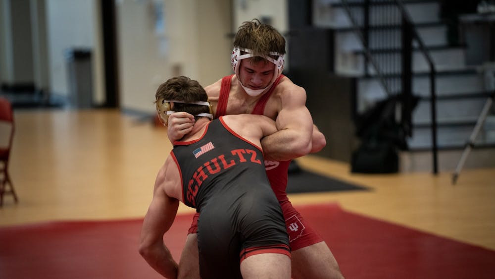 Then-sophomore Nick Willham defends a take-down attempt Feb. 6, 2021, at Wilkinson Hall. Four wrestlers won their bracket Sunday for Indiana.