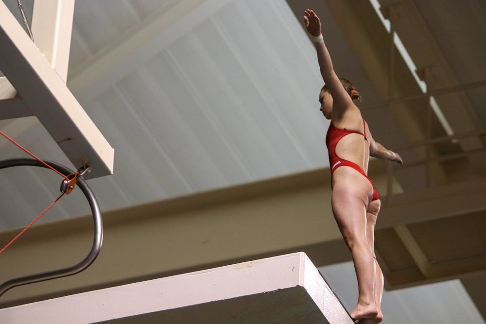 <p>An IU women&#x27;s dive team member prepares for her dive Jan. 14, 2021, in the Counsilman-Billingsley Aquatics Center. The Hoosiers lost to the University of Louisville 118-182. </p>