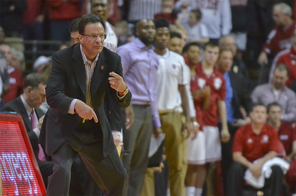 Head Coach Tom Crean tells his team to speed up against Maryland on Sunday at the Assembly Hall. The Hoosiers won 80-62.
