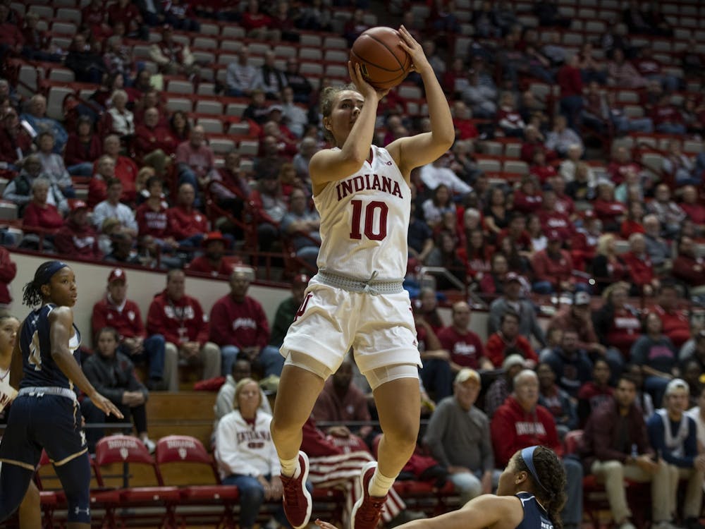 Sophomore Aleksa Gulbe attempts a shot Nov. 7 in Simon Skjodt Assembly Hall. The No. 14 IU women&#x27;s basketball team will play the University of North Florida at 7 p.m. Saturday in Assembly Hall.