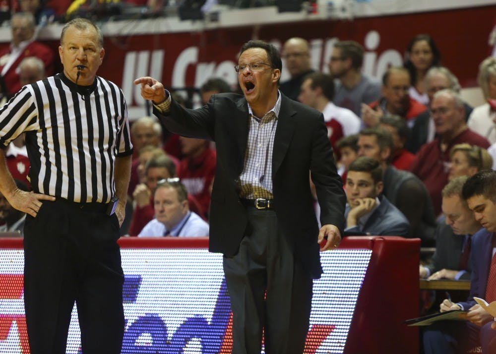 IU Coach Tom Crean disputes a call in a game against Michigan in February 2017. Crean was&nbsp;announced as the next&nbsp;head coach of Georgia on Thursday night.&nbsp;