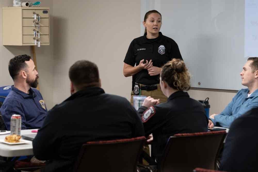 <p>IU Police DepartmentPublic Information Officer Hannah Skibba leads colleagues in IUPD ABLE training at IU Bloomington on Tuesday, Feb. 7, 2023. IUPDis the one of the first Indiana higher education institutions to require bystander training.</p>