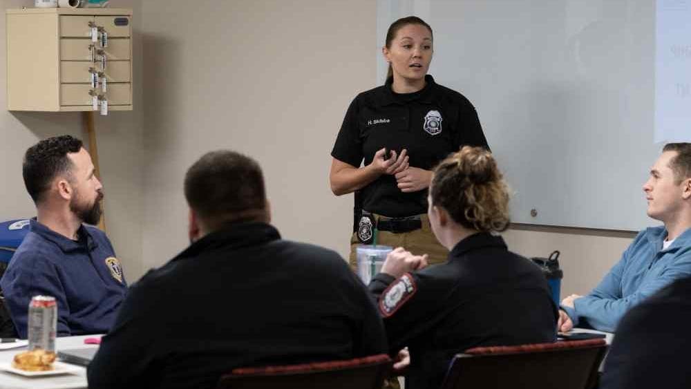 IU Police DepartmentPublic Information Officer Hannah Skibba leads colleagues in IUPD ABLE training at IU Bloomington on Tuesday, Feb. 7, 2023. IUPDis the one of the first Indiana higher education institutions to require bystander training.