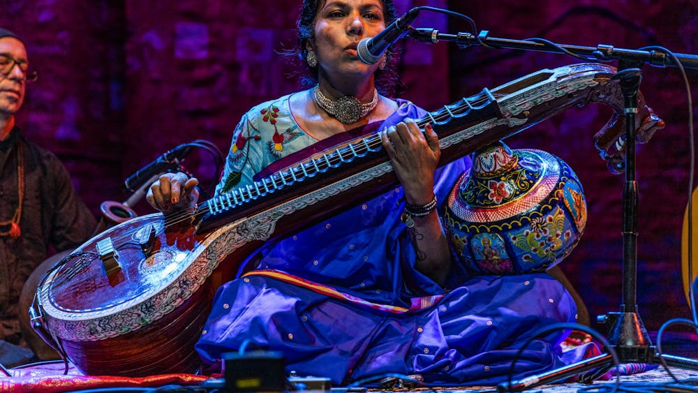 Saraswathi Ranganathan leads the audience of the Lotus World Music and Arts Festival through a meditation exercise Sept. 25, 2021, on the stage of the Buskirk-Chumley Theater. The 29th annual festival will begin Sept. 22 and continue until Sept. 25. 