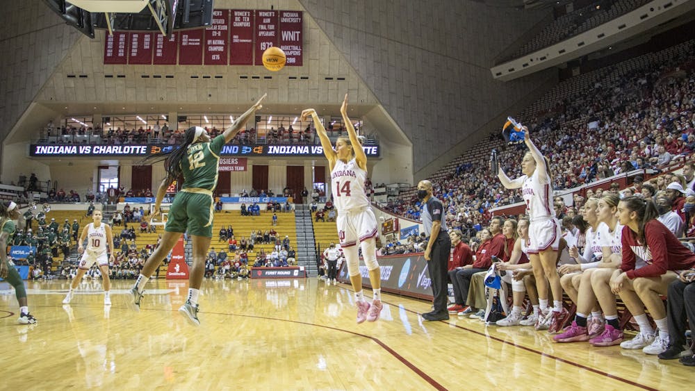 Graduate guard Ali Patberg shoots a three-pointer against University of North Carolina at Charlotte on March 19, 2022, at Simon Skjodt Assembly Hall. Indiana won 85-51 Saturday in the First Round of the NCAA Tournament.