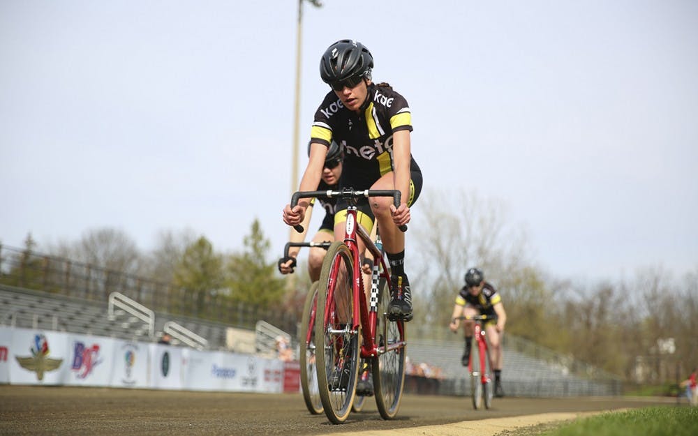 Theta flies into the third turn during Team Pursuit at the Bill Armstrong Stadium.  Theta raced against Delta Gamma during the final event of the spring race series Sunday.  