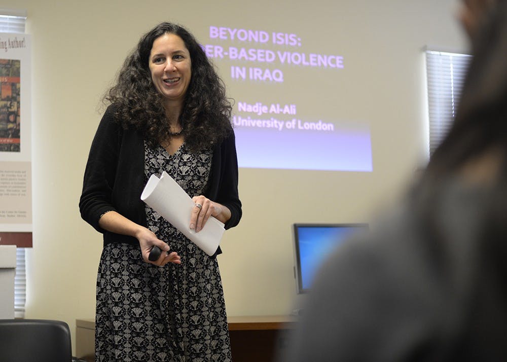 Nadje Al-Ali from the University of London speaks about gender-based violence in Iraq on Tuesday at the Center for the Study of the Middle East.