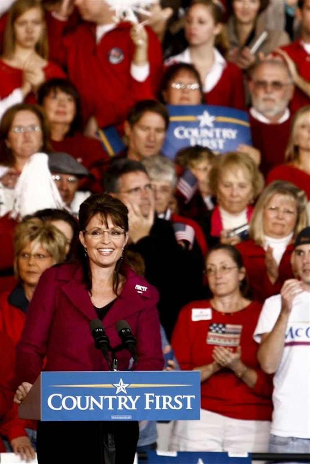 Republican vice presidential candidate Sarah Palin speaks to supporters at Verizon Wireless Music Center on Friday in Noblesville, Ind.