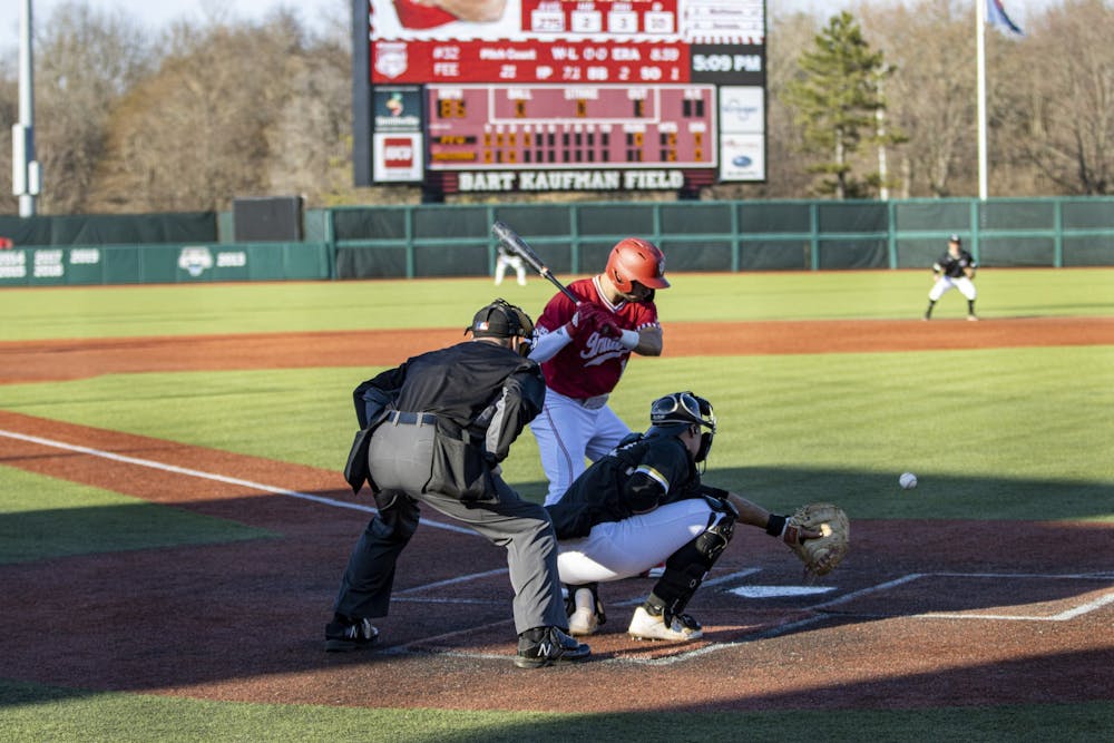 <p>Redshirt sophomore outfielder Morgan Colopy watches a pitch come into the plate on March 9, 2022, at Bart Kaufman Field. Indiana will play Nebraska in a three-game home series this weekend looking to improve its 14-22 record.</p>