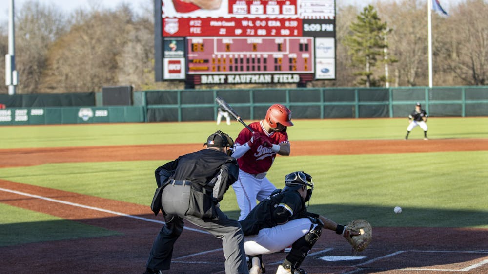 Redshirt sophomore outfielder Morgan Colopy watches a pitch come into the plate on March 9, 2022, at Bart Kaufman Field. Indiana will play Nebraska in a three-game home series this weekend looking to improve its 14-22 record.