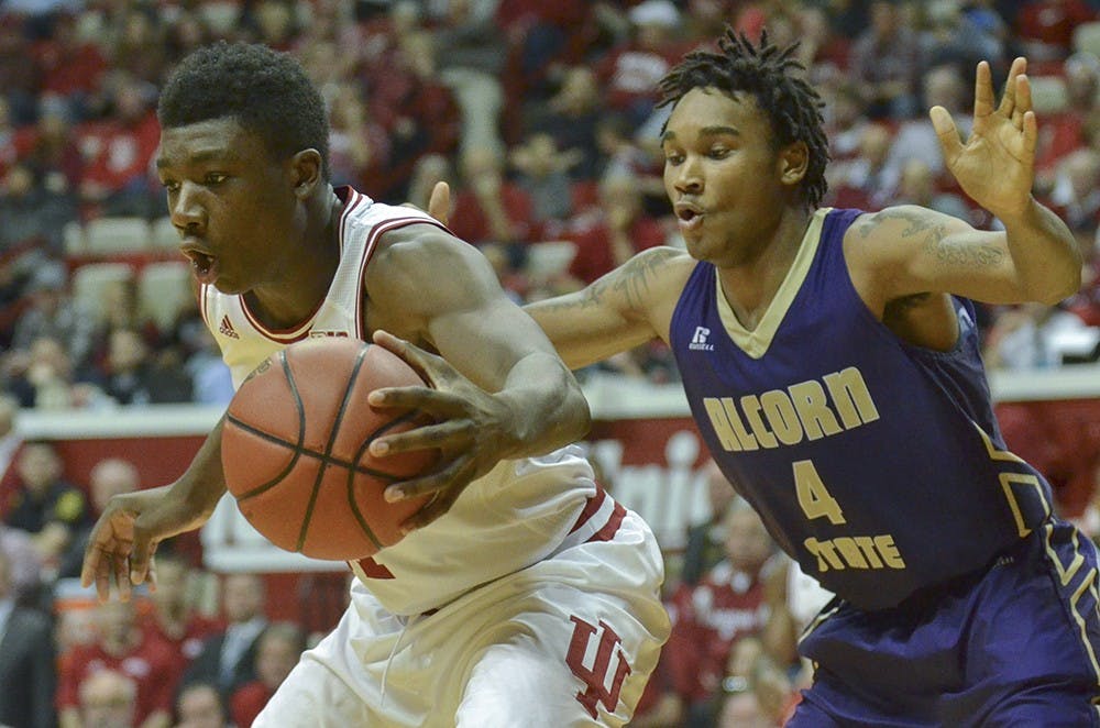 Freshman center Thomas Bryant pulls the ball in from a wide pass against Alcorn State on Monday at Assembly Hall. The Hoosiers won 112-70.
