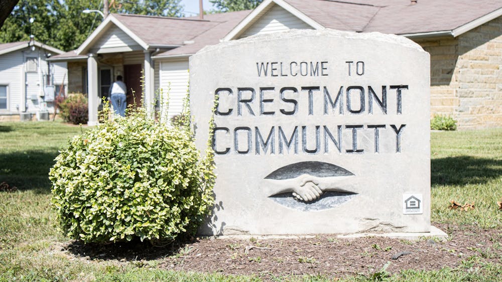A sign is pictured on Sept. 2, 2021, for the Crestmont Community which is located at 1007 N Summit St. The Bloomington City Council unanimously voted to allow the city to lend $30 million in bonds to fund the Crestmont affordable housing complex during its weekly meeting Wednesday night.