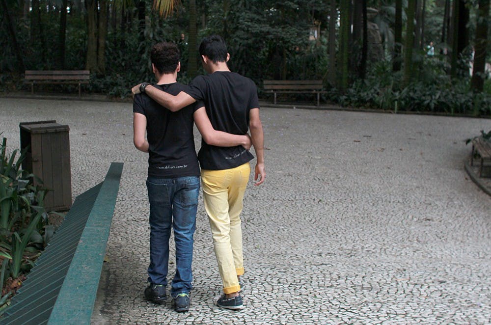A gay couple walks through one of São Paulo's public parks Wednesday afternoon. São Paulo is home to a strong and visible LGBT movement.