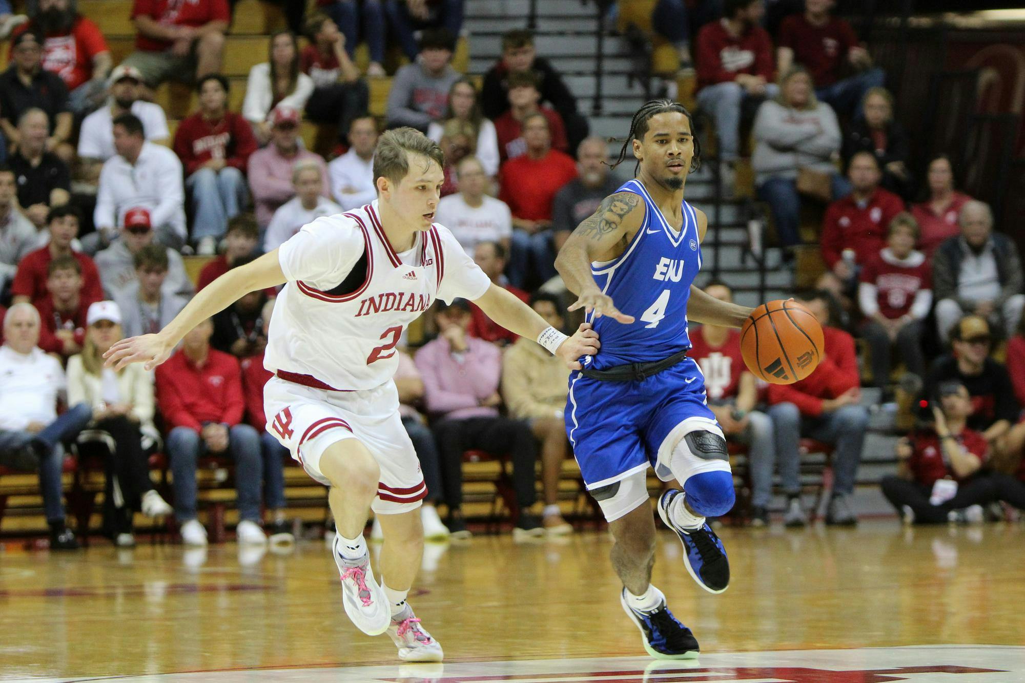 Sophomore Guard Gabe Cupps tracking Eastern Illinois University player down the court on Nov. 10, 2024 at Simon Skjodt Assembly Hall in Bloomington. 