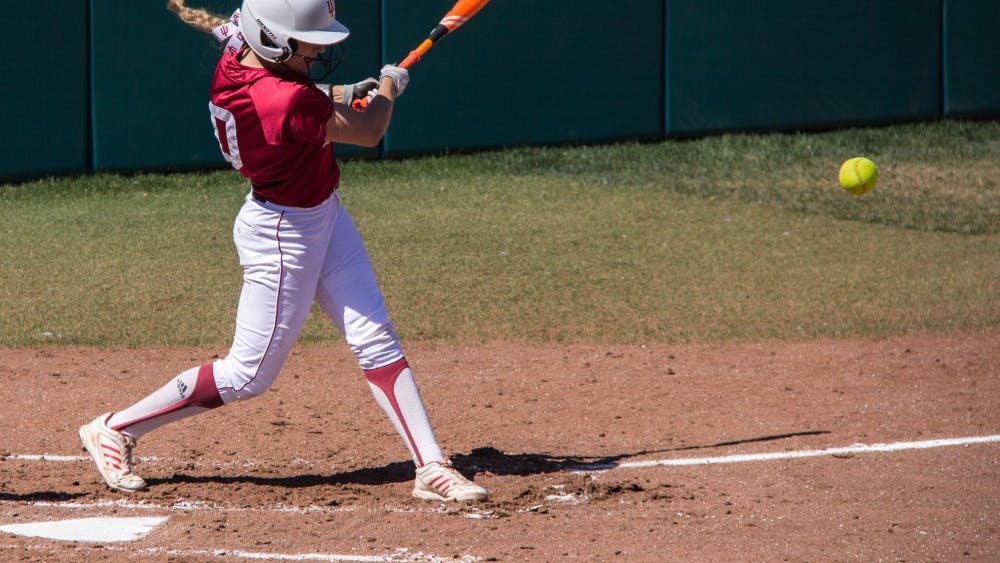 Then-freshman Sarah Galovich swings at a pitch in a 9-3 win against University of Iowa at Andy Mohr Field during the 2016 season. Galovich and the Hoosiers will continue their non-conference road trip to start the 2018 season this weekend.&nbsp;